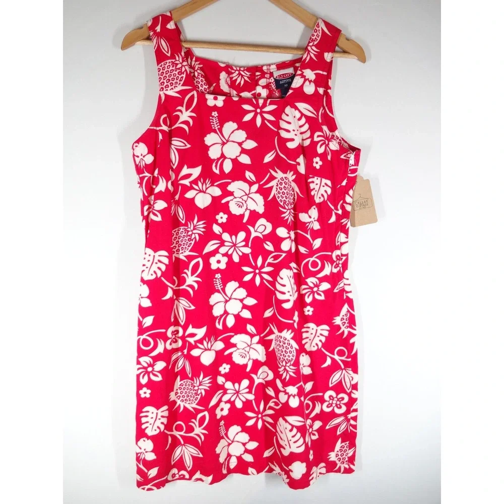 Y2K VTG Old Navy Mini Dress Women 10 Red Tropical Floral Pineapple Cotton Summer